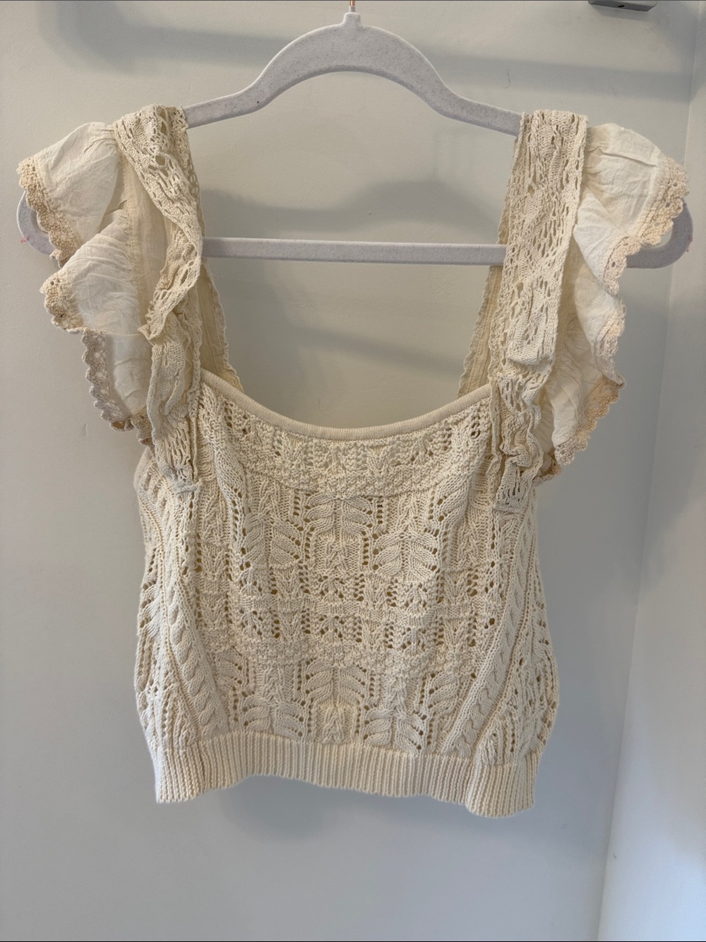 Anthropologie Cream Crochet Knit Ruffle-Strap Tank Top